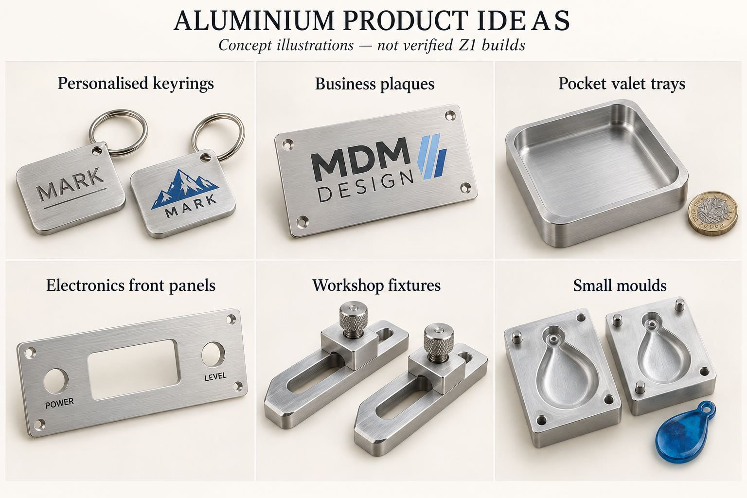 Concept illustration: Two brushed aluminium keyrings with engraved names and a blue mountain design.